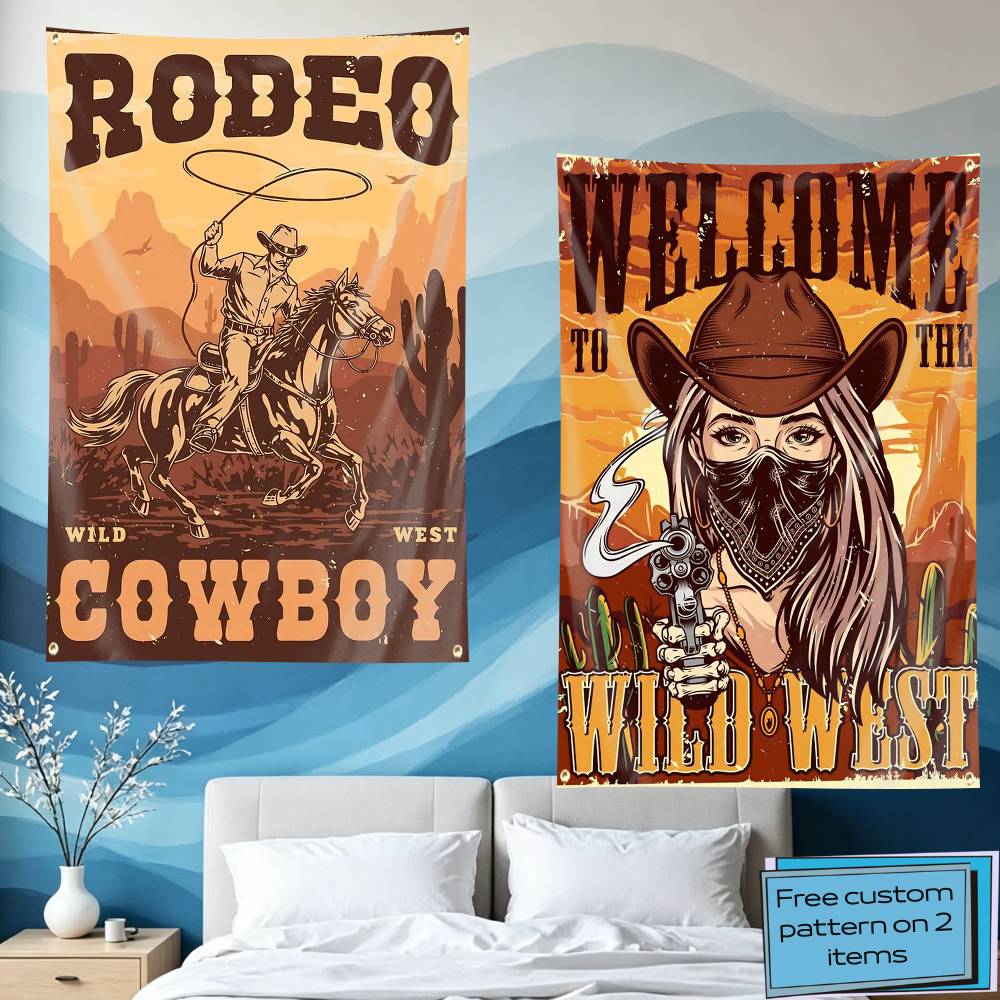 Outdoor Camping In Texas - Arazzo/Bandiera Retrò con Bandiera da Cowboy